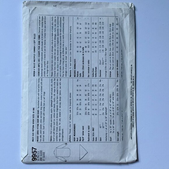 Simplicity Pattern 9957 Loose Fitting Shirt and Scarf - Picture 2 of 2